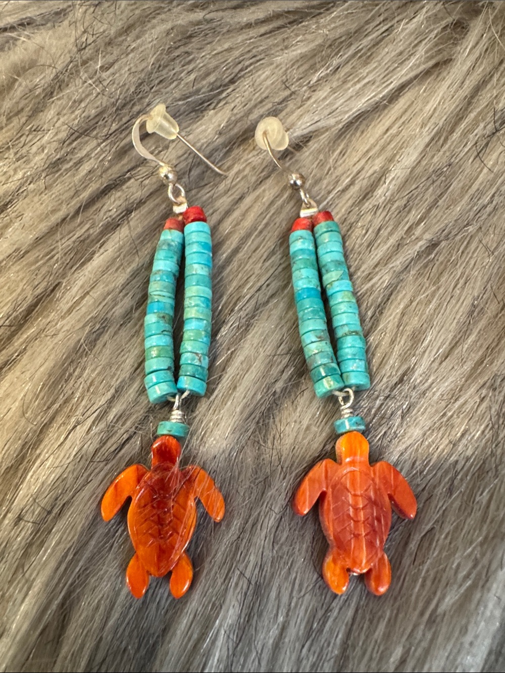 Native American Turquoise and Orange Turtle Drop Earrings - Women Jewelry